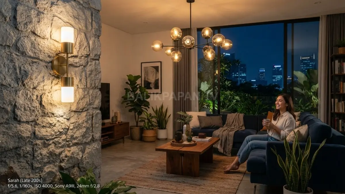 Buatkan gambar home decor kombinasi lampu dinding dan lampu gantung mempertegas tekstur interior rumah modern. (BTV/AI)