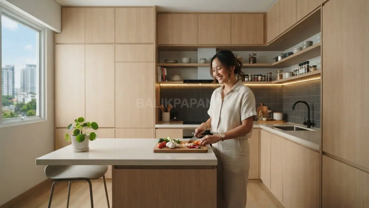 Dapur bergaya Japandi dengan kabinet hingga plafon untuk memaksimalkan ruang vertikal. (BTV/AI)