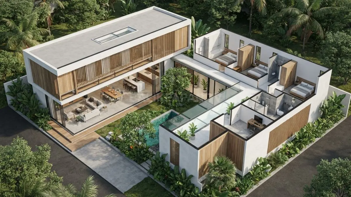 Denah rumah berbentuk L menciptakan batas ruang yang nyaman antara tamu dan keluarga setiap hari bersama. (BTV/AI)