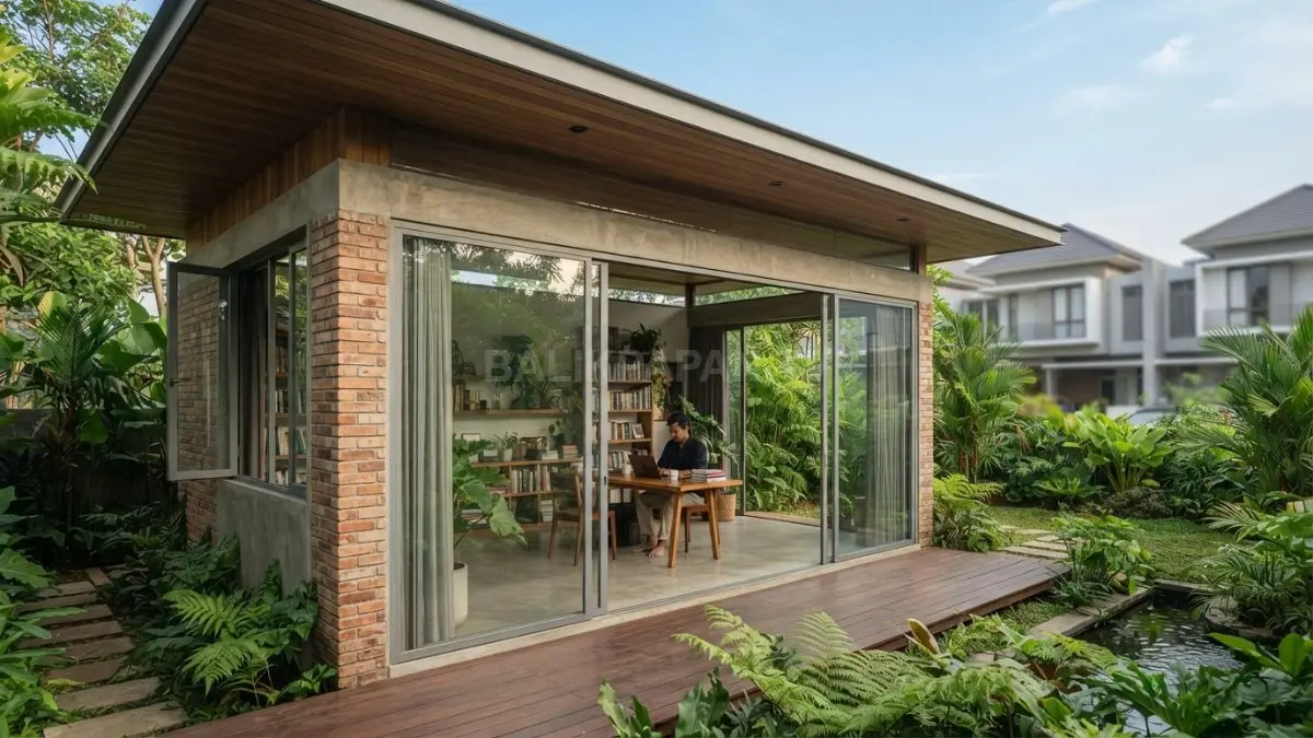 Desain rumah tropis memadukan ventilasi silang, overhang panjang, material alami, pencahayaan optimal dan taman asri harmonis (BTV/AI)