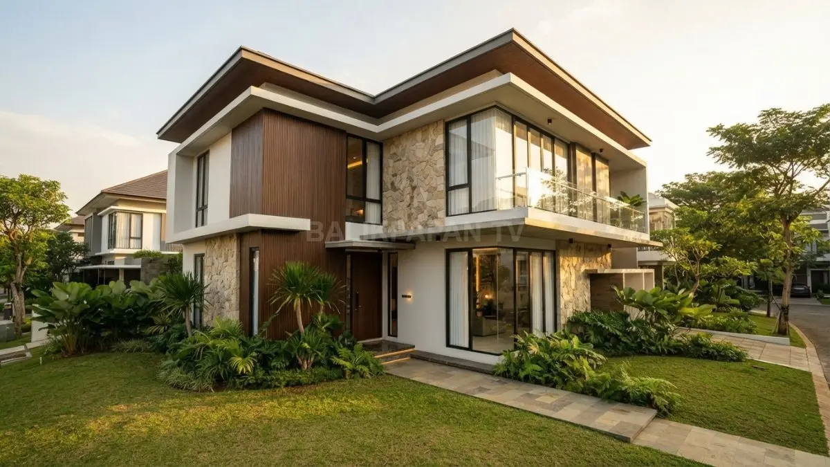 Fasad rumah berbentuk L menghadirkan tampilan modern yang dinamis tanpa mengurangi kesan sederhana bersama keluarga. (BTV/AI)