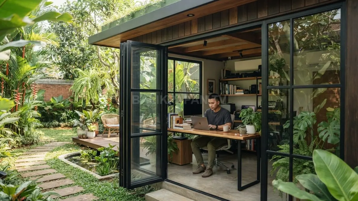 Garden studio multifungsi menghadirkan ruang kerja kreatif, olahraga, relaksasi nyaman menyatu dengan taman hijau asri modern (BTV/AI)