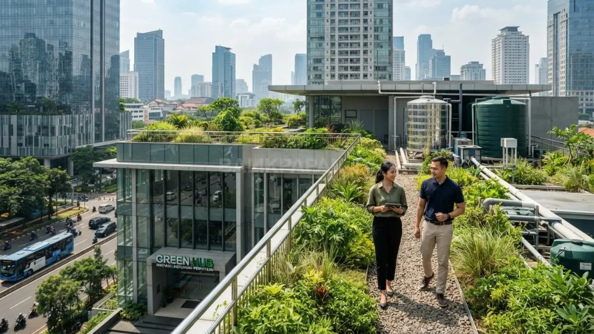 Gedung modern dengan atap hijau dan sistem penampungan air hujan di kawasan perkotaan. (BTV/AI)