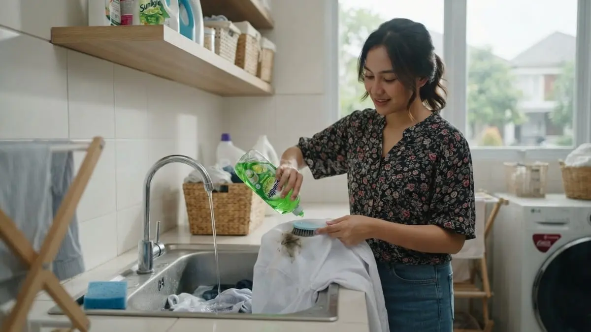 Gunakan sabun cuci piring untuk memecah lemak membandel pada pakaian sebelum proses pencucian agar bersih. [BTV:AI]