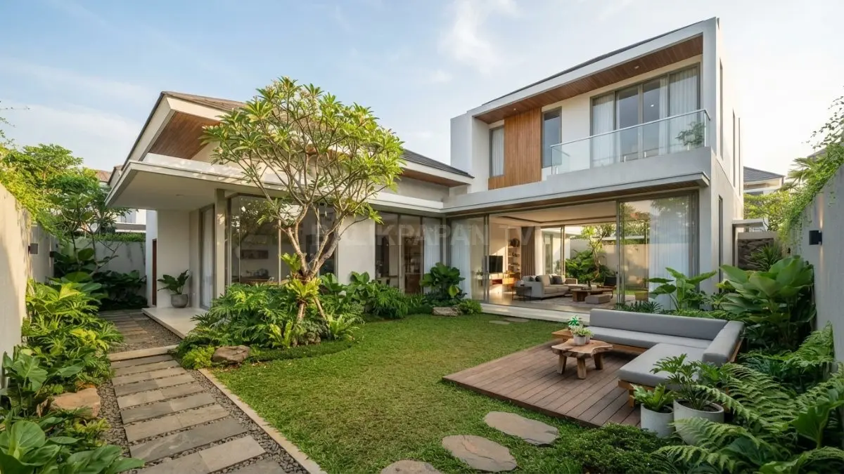 Halaman dalam rumah berbentuk L menjadi ruang berkumpul yang nyaman sekaligus menjaga privasi penghuni setiap hari. (BTV/AI)
