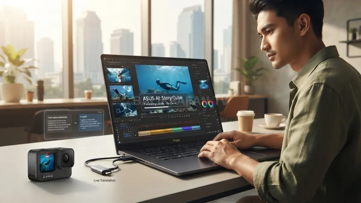 Ilustrasi fitur AI lokal ASUS seperti Story Cube dan Live Translation yang berjalan tanpa cloud. (BTV/AI)