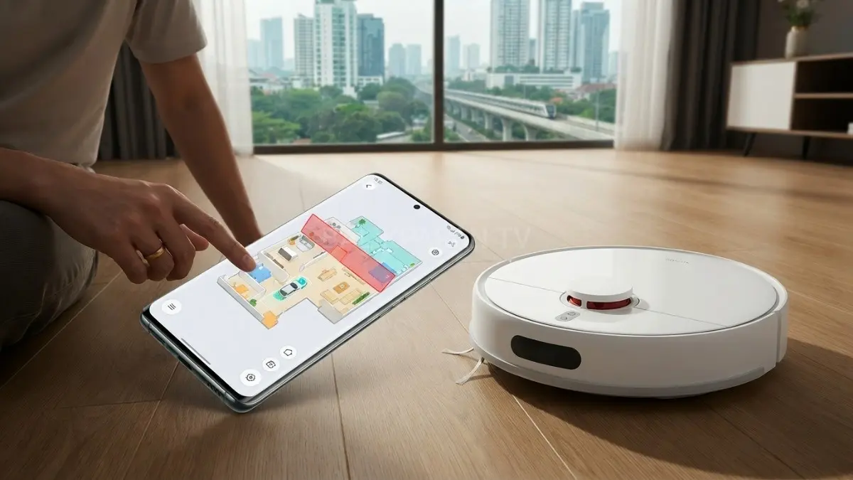 Ilustrasi Tampilan antarmuka aplikasi pemetaan digital dan fitur dinding virtual pada layar ponsel pintar. (BTV/AI) 