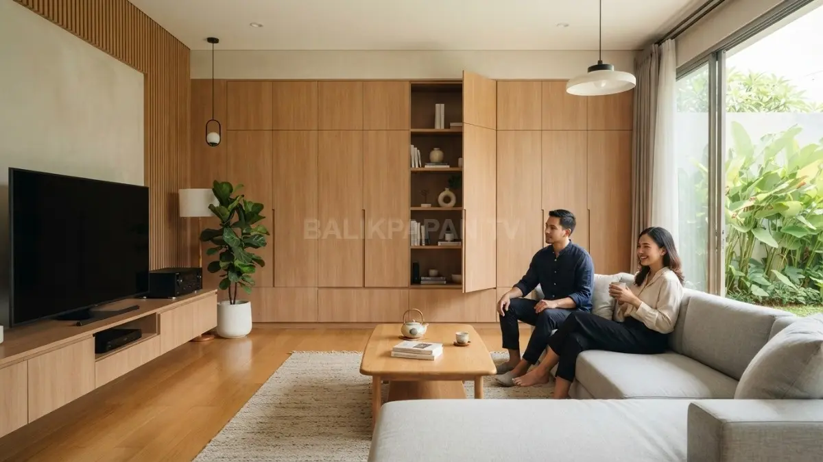 Interior rumah Jepang modern dengan kabinet tersembunyi menyatu pada dinding ruang keluarga. (BTV/AI)