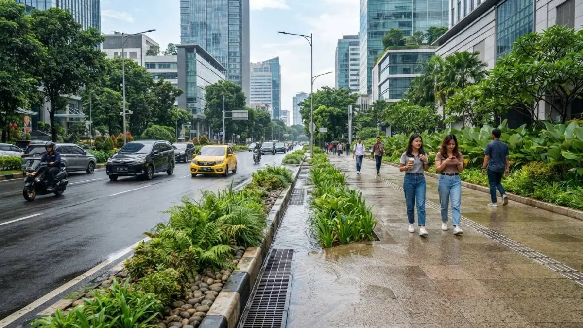 Jalan perkotaan dengan kombinasi taman resapan dan trotoar berpori untuk mengurangi banjir. (BTV/AI)