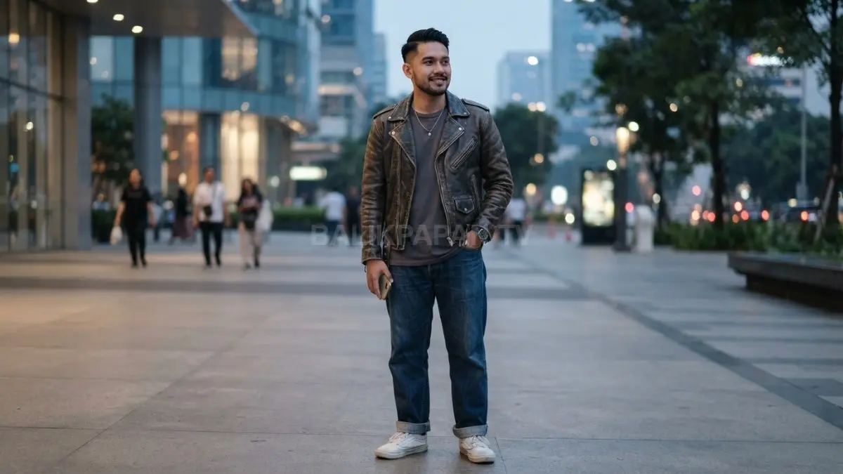 Kombinasi kaus polos, celana denim longgar, dan sneakers klasik menciptakan tampilan santai berkarakter untuk aktivitas harian. (BTV/AI)
