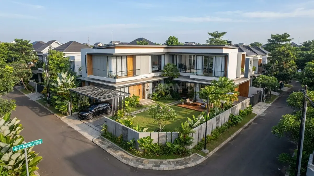 Konsep rumah berbentuk L menghadirkan tata ruang yang efisien sekaligus mempercantik lahan sudut hunian bersama keluarga. (BTV/AI)
