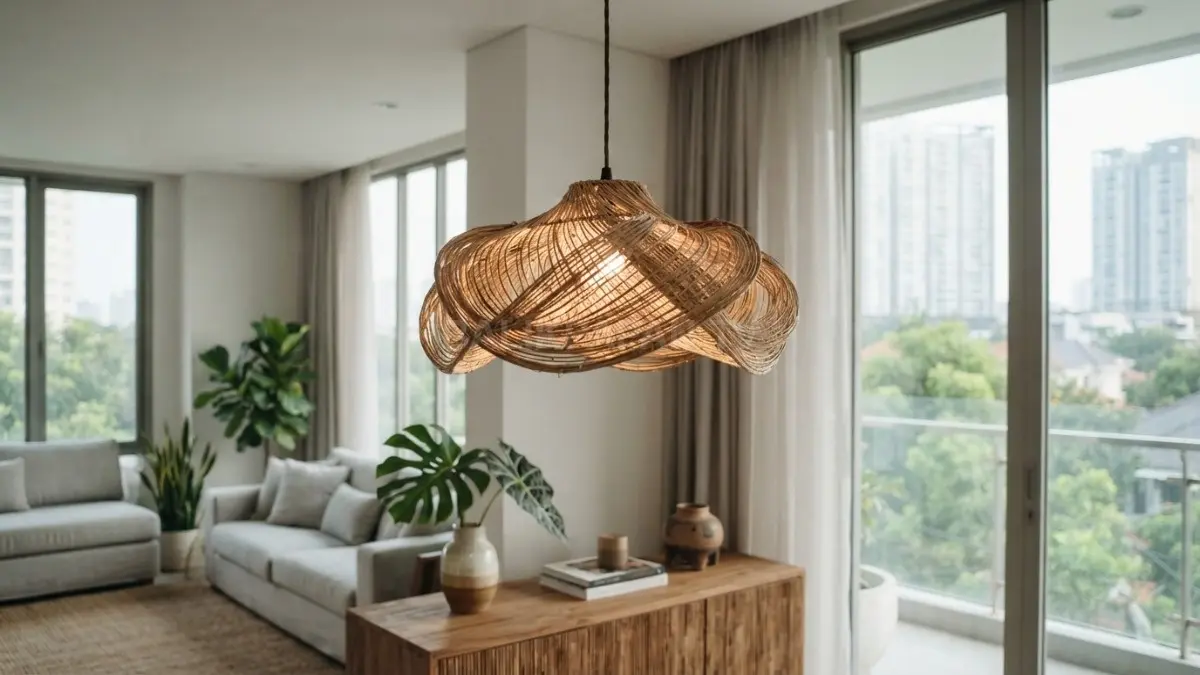 Lampu berbentuk organik menghadirkan nuansa alami, lembut, menenangkan, sekaligus memperkuat karakter interior modern berkonsep biophilic. (BTV/AI)