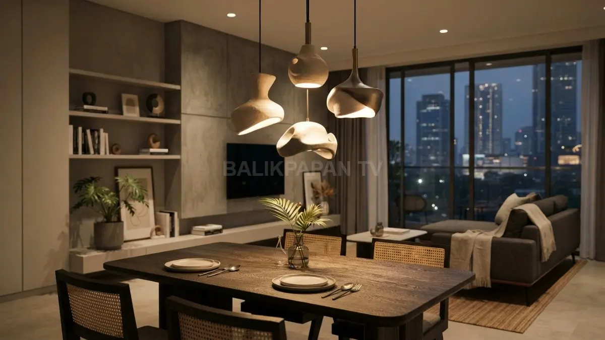 Lampu berdesain unik mempercantik ruang tamu sekaligus menciptakan suasana hangat, harmonis, dan berkarakter bagi penghuni rumah (BTV/AI)
