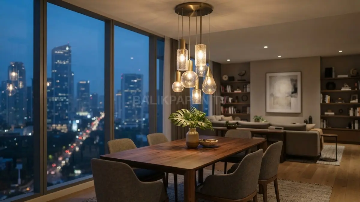 Lampu cluster menggantung artistik menghadirkan komposisi cahaya dramatis, memperkuat karakter ruang berplafon tinggi dengan kesan mewah. (BTV/AI)
