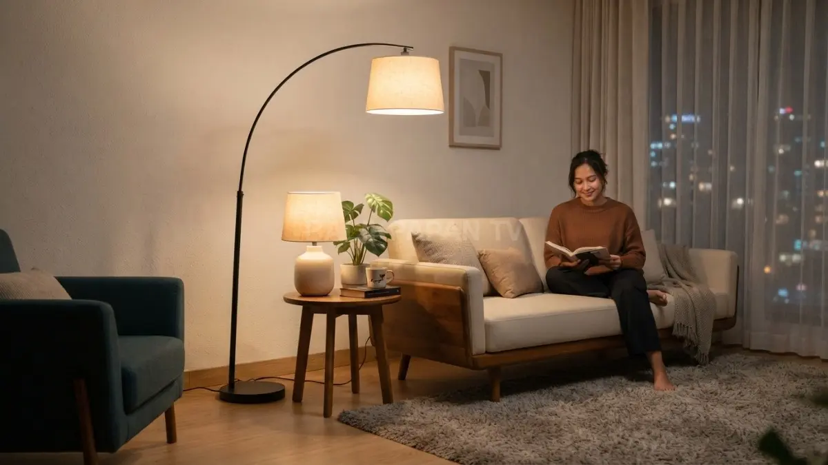 Lampu lantai dan lampu meja menghadirkan pencahayaan lembut pada sudut ruang tamu minimalis. (BTV/AI)