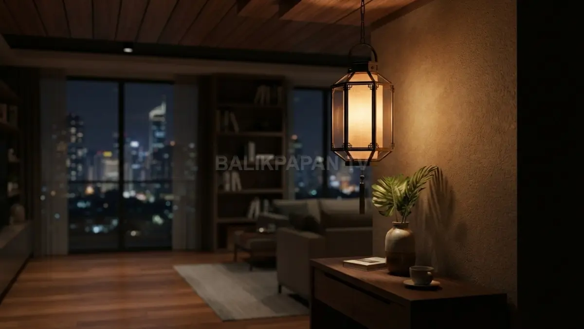 Lampu lantern menghadirkan nuansa hangat melalui rangka logam dan kaca elegan di foyer rumah tropis (BTV/AI)