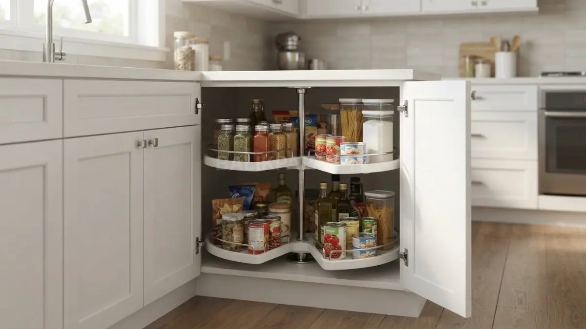 Lazy Susan setengah lingkaran memaksimalkan penyimpanan sudut kabinet dengan akses berputar yang efisien dan kokoh. (BTV/Ai)