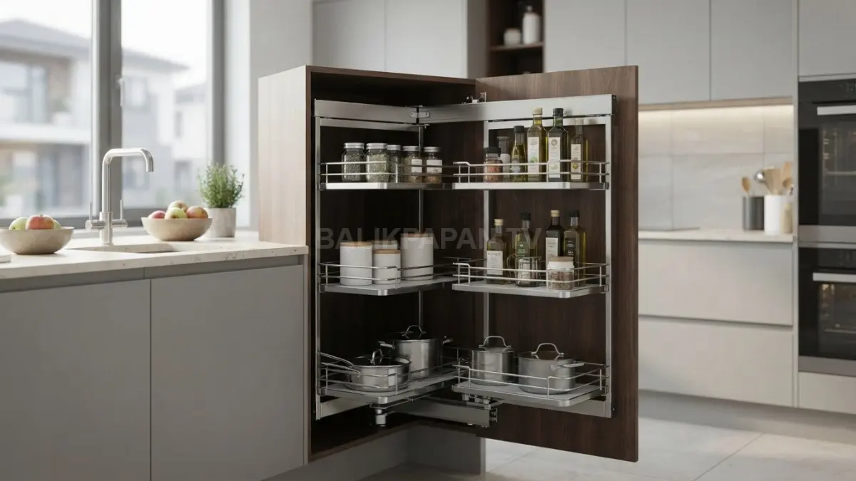 Penampakan rak sudut tarik modern bermaterial baja antikarat yang keluar sempurna dari dalam kabinet dapur minimalis. (BTV/Ai)