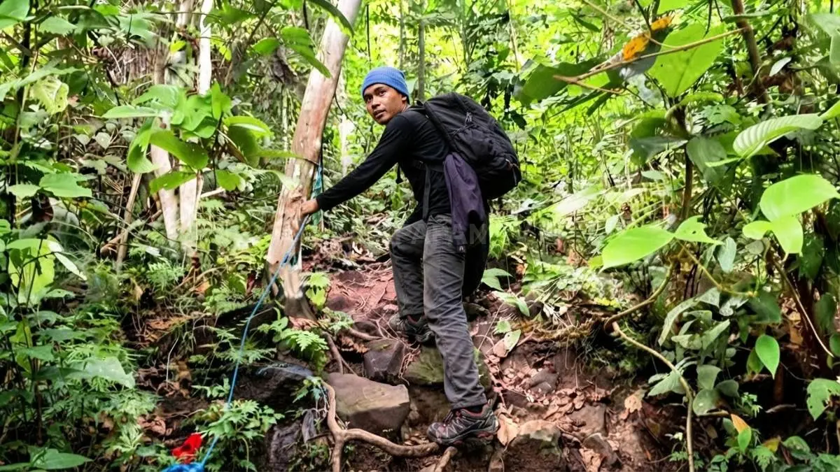 Pendaki menaklukkan jalur terjal Bukit Sampi dengan semangat kebersamaan melalui petualangan open trip penuh tantangan. (BTV/AI)
