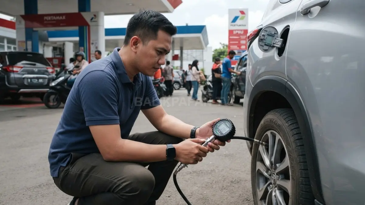 Pengendara memeriksa tekanan angin ban mobil menggunakan pressure gauge sebelum melakukan perjalanan jauh. (BTV/AI)