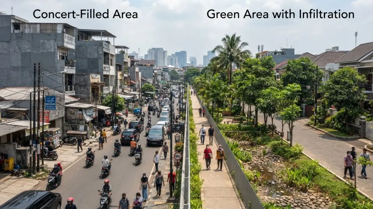 Perbandingan kawasan beton penuh dengan lingkungan yang memiliki ruang hijau dan area infiltrasi. (BTV/AI)