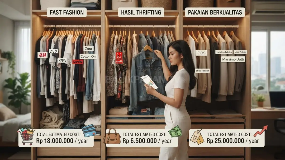 Perbandingan lemari berisi pakaian fast fashion, hasil thrifting, dan pakaian berkualitas dengan simulasi biaya tahunan. (BTV/AI)