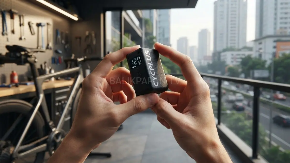 Perbandingan ukuran fisik pompa Cycplus AS2 Ultra Tiny dengan telapak tangan orang dewasa saat pengisian daya USB-C.(BTV/AI) 