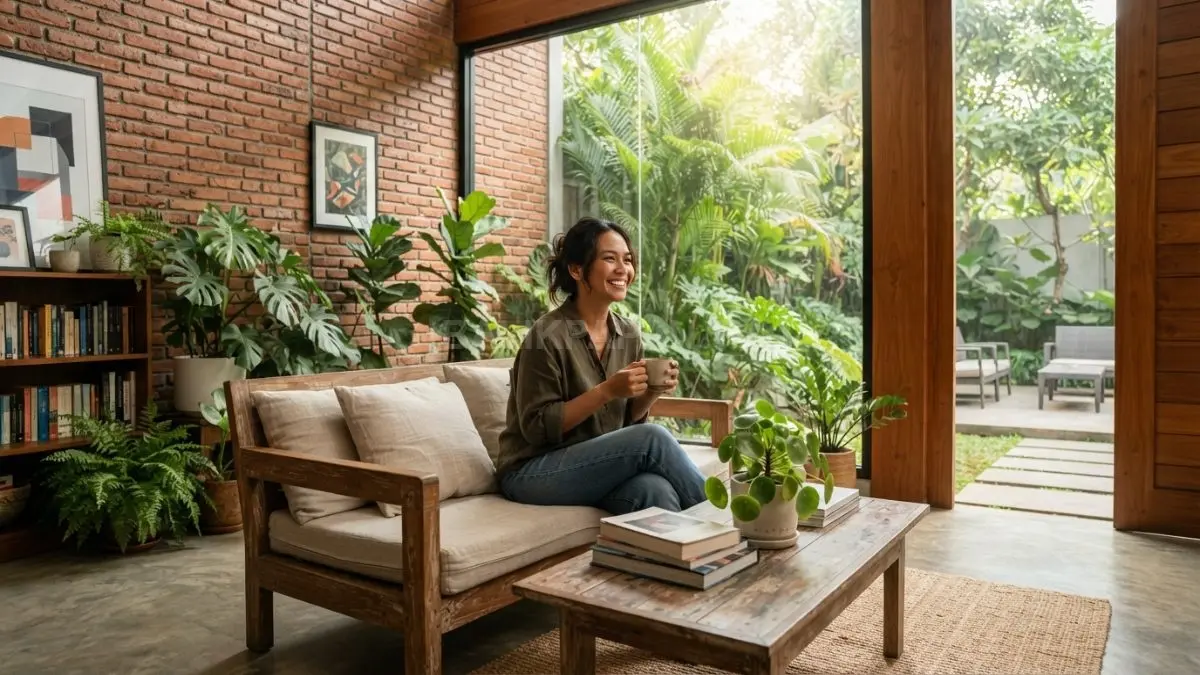 Perpaduan bata ekspos dengan kayu dan tanaman hijau menciptakan suasana rumah tropis yang nyaman. (BTV/AI)