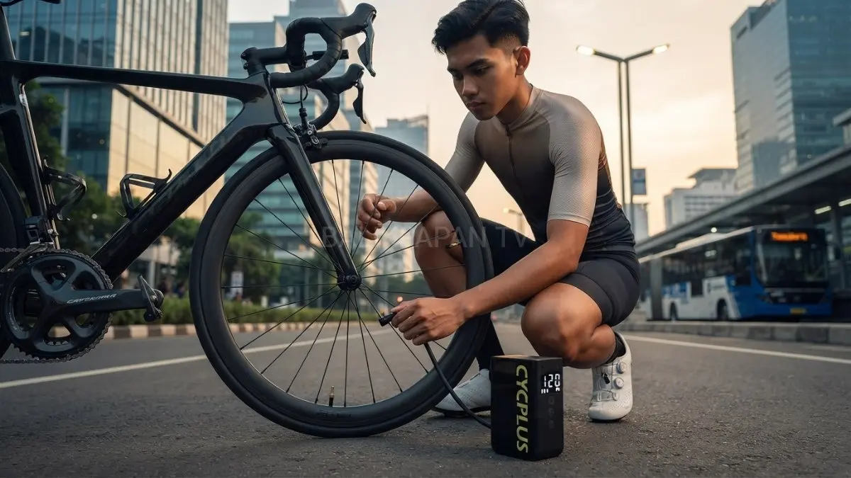Pompa elektrik portabel super kecil Cycplus AS2 Ultra Tiny bersanding dengan ban sepeda balap di jalan raya.(BTV/AI) 