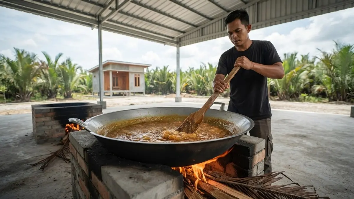 Proses memasak nira pohon nipah menjadi gula merah tradisional khas pesisir Kalimantan. (BTV/AI)