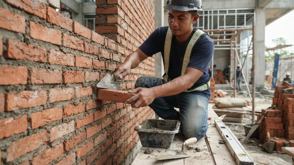 Proses pemasangan dinding bata ekspos membutuhkan ketelitian agar susunan bata dan garis nat tampak rapi. (BTV/AI)