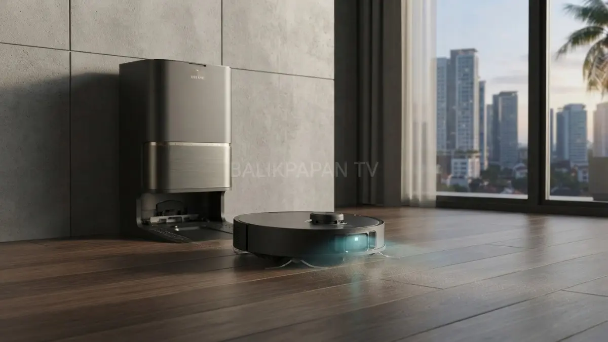 Robot vacuum Dreame L60 Ultra PE sedang beroperasi membersihkan permukaan lantai rumah dengan sensor AI aktif di bagian depan.(BTV/AI) 