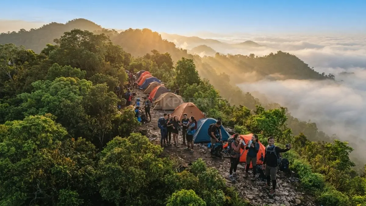 Rombongan pendaki beristirahat di punggungan Bukit Sampi menikmati panorama berkabut sambil mempererat kebersamaan peserta open-trip. (BTV/AI)
