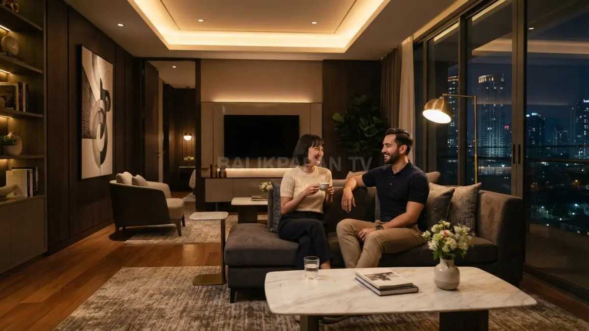 Ruang keluarga bergaya modern dengan pencahayaan hangat bertingkat menciptakan suasana elegan layaknya interior hotel. (BTV/AI)