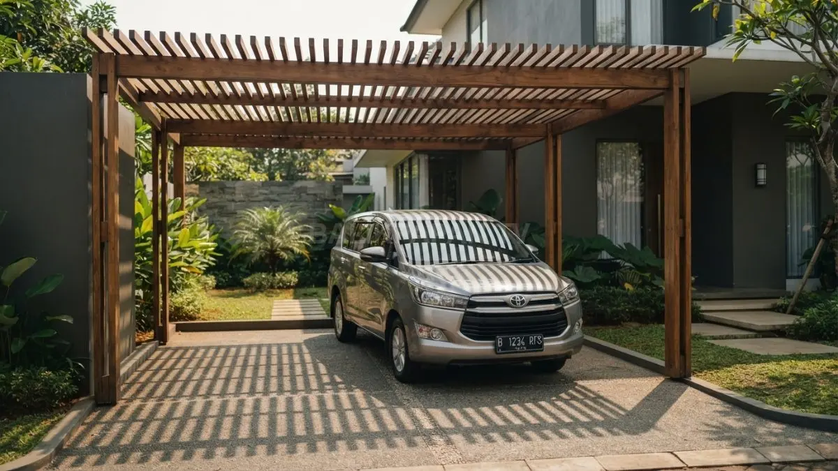 Sebuah mobil keluarga terparkir rapi di bawah naungan pergola kisi-kisi kayu minimalis dengan bayangan garis estetik. (BTV/Ai)