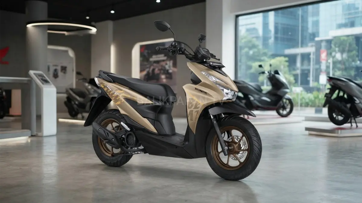 Tampilan depan skutik berwarna brown mengilap dengan stang terbuka khas model perkotaan.(BTV/AI) 