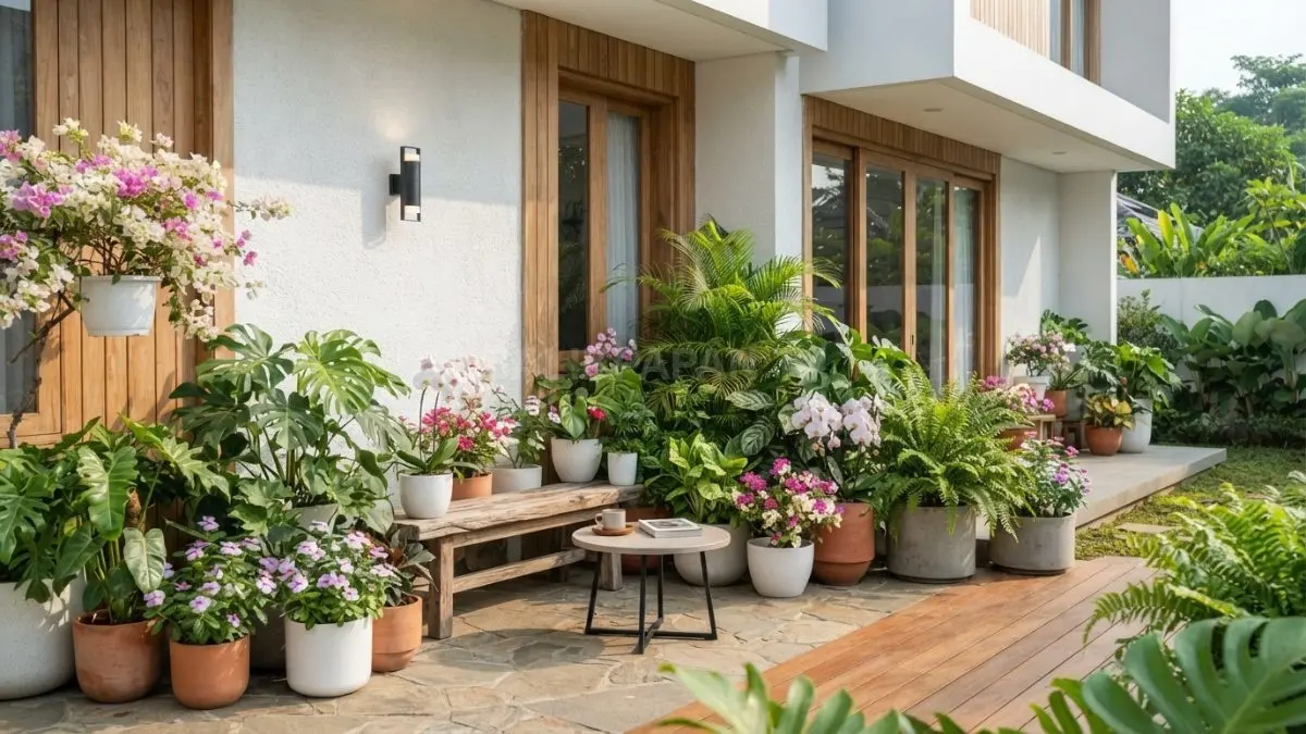 Tanaman berbunga menghadirkan aksen warna alami yang mempercantik teras rumah setiap hari bersama keluarga tercinta. (BTV/AI)
