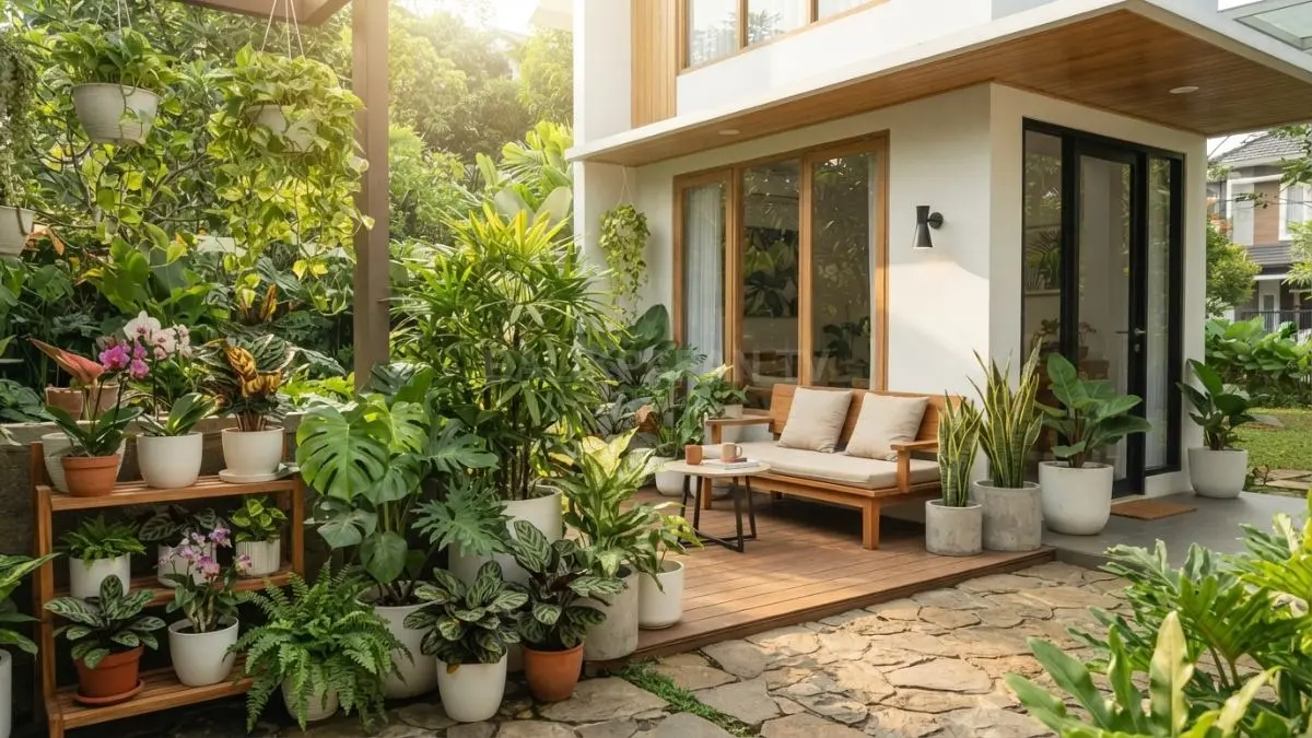 Tanaman hias yang tertata rapi menghadirkan teras rumah lebih segar, indah, dan menenangkan bersama keluarga setiap. (BTV/AI)
