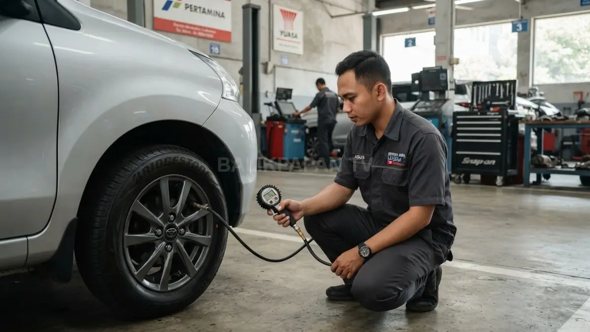 Teknisi bengkel mengukur tekanan ban kendaraan sesuai standar rekomendasi pabrikan. (BTV/AI)