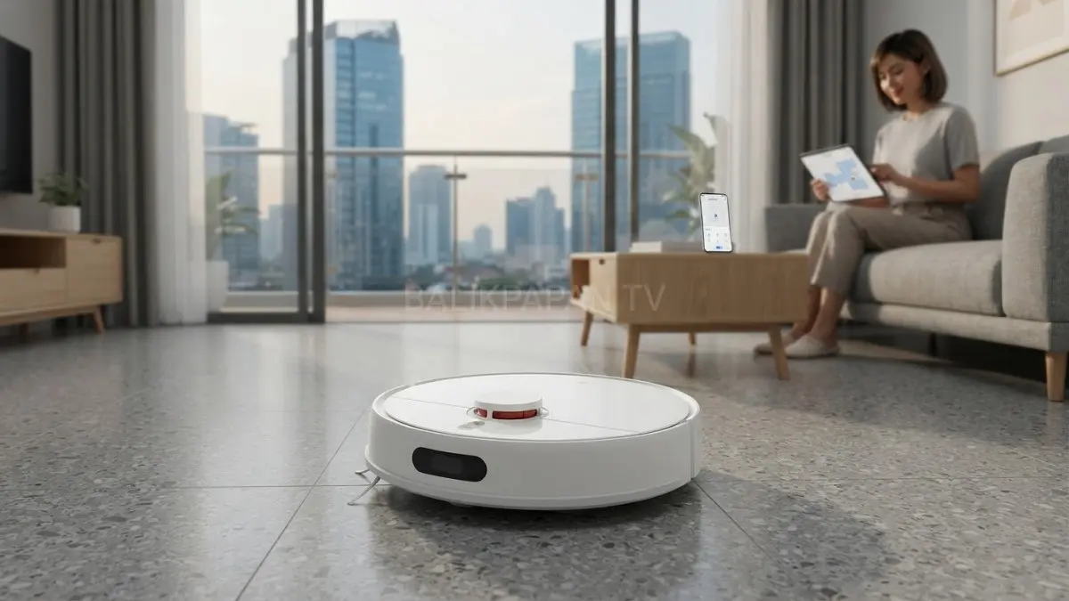 Unit robot vacuum pintar Xiaomi S40C sedang beroperasi menyusuri lantai ruang keluarga minimalis. (BTV/AI) 