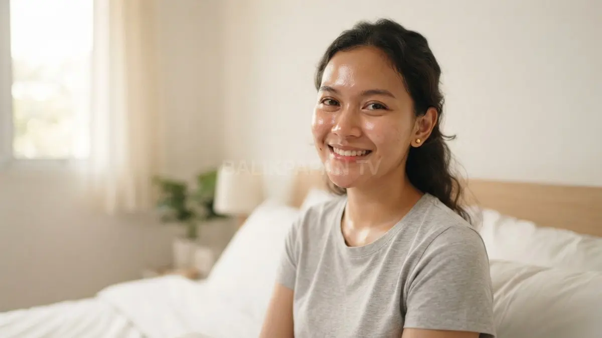 Wajah tampak lebih cerah, lembap, kenyal, serta segar setelah tidur berkualitas dengan pemulihan kulit alami optimal setiap malam. (BTV/AI)