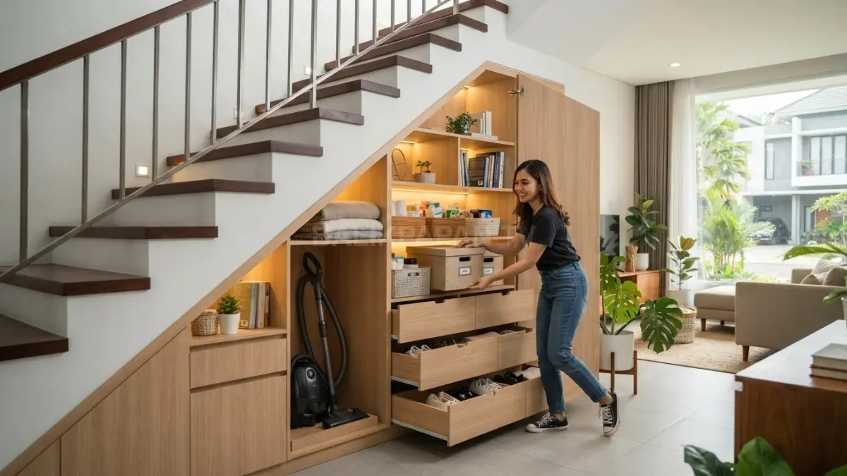 Area bawah tangga dimanfaatkan sebagai ruang penyimpanan untuk meningkatkan efisiensi rumah. (BTV/AI)