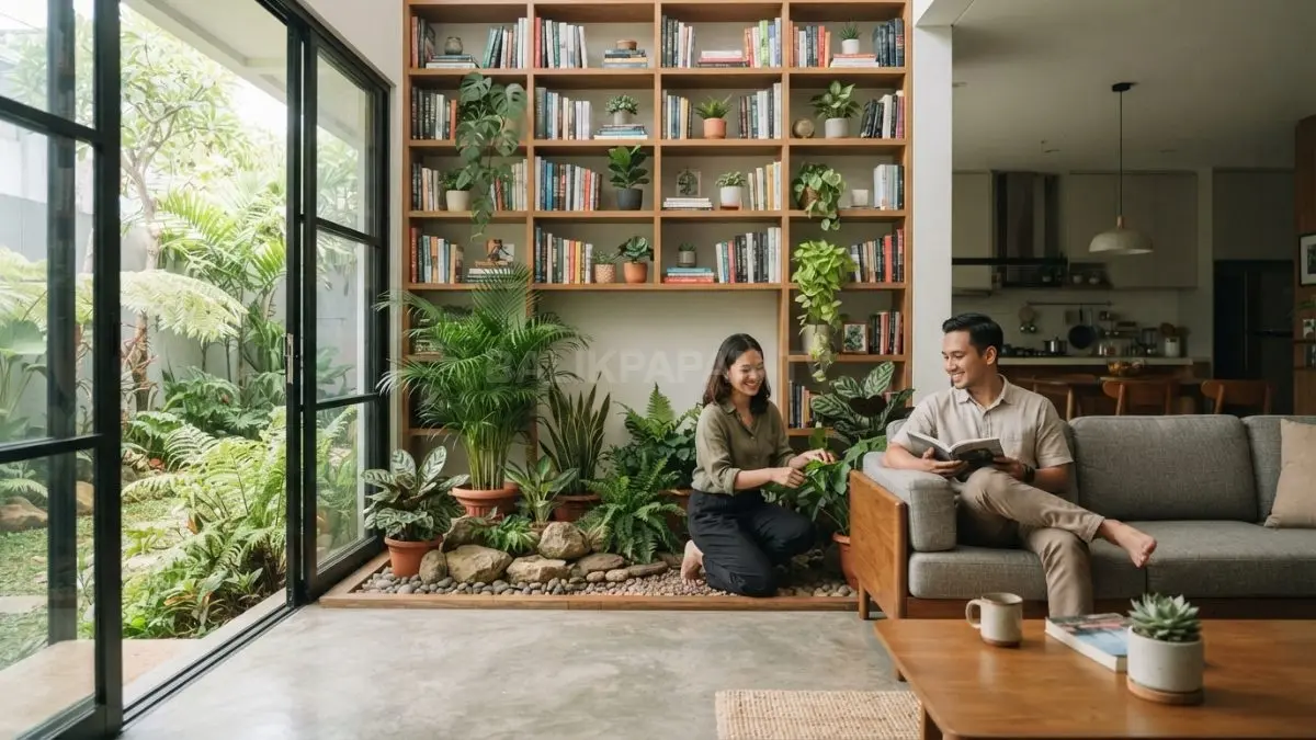 buatkan gambar Pemanfaatan taman kecil dan rak buku sebagai pusat visual ruang keluarga modern. (BTV/AI)