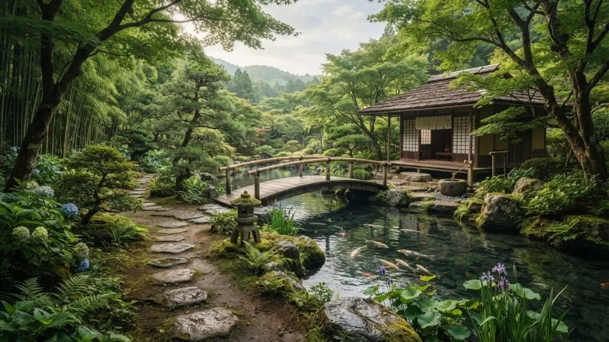 Dekorasi taman bergaya Jepang menghadirkan harmoni alam, batu, bambu, dan kolam menenangkan untuk relaksasi sehari-hari. [BTV:AI]