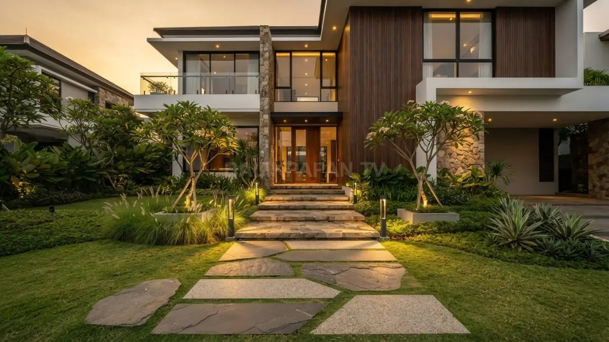 Desain jalur masuk rumah memadukan fungsi, estetika, dan kenyamanan untuk mempercantik tampilan hunian modern setiap hari. (BTV/AI)