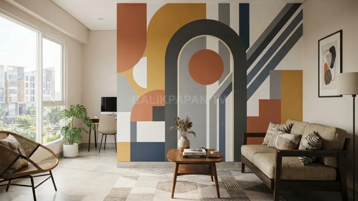 Dinding ruang tamu menampilkan pola geometris modern dengan garis tegas dan warna monokrom elegan berpadu harmonis (BTV/AI)