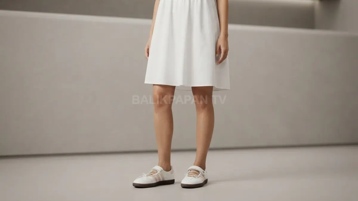 Dress putih polos membuat detail tali Adidas Samba Jane tampil mencuri perhatian tanpa aksesori berlebihan (BTV/AI)
