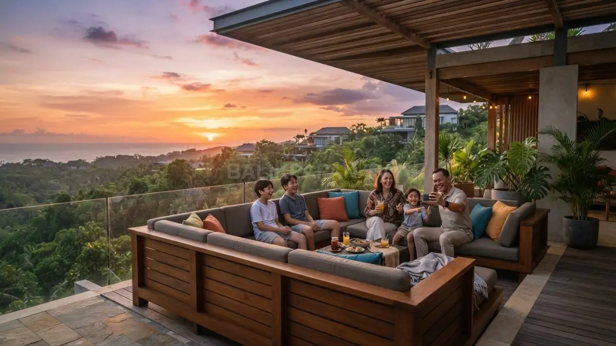 Family Sunset Pavilion dengan sofa L nyaman, keluarga menikmati panorama senja terlindungi atap overhang tropis lebar (BTV/AI)