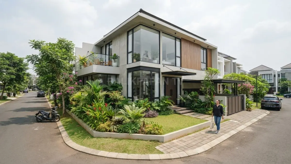 Fasad rumah sudut modern dengan taman samping dan pencahayaan alami yang melimpah. (BTV/AI)