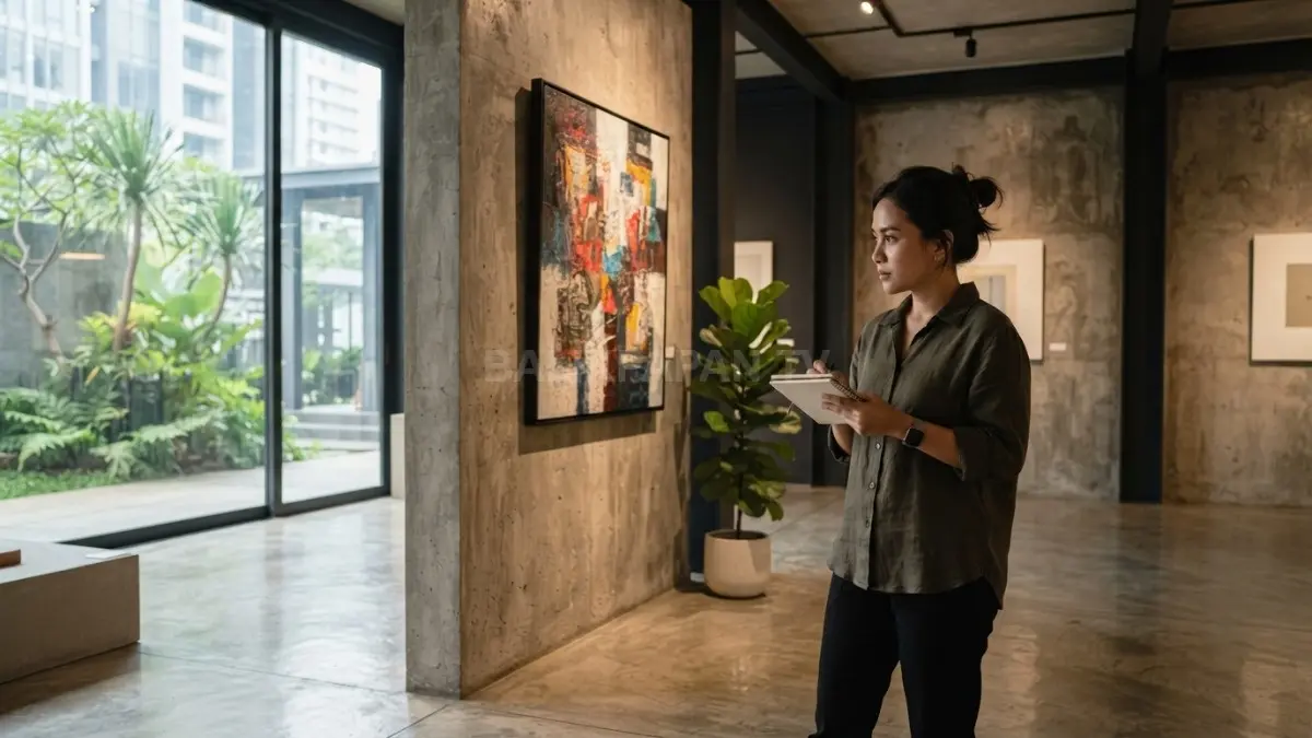 Galeri lukisan minimalis memadukan desain estetis, pencahayaan hangat, material modern, dan ruang nyaman fungsional berkualitas (BTV/AI)
